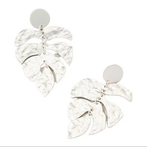 Silver Hammered Metal Tropical Leaf Shape Drop Earrings